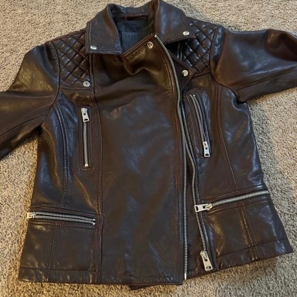 allsaints teal leather jacket